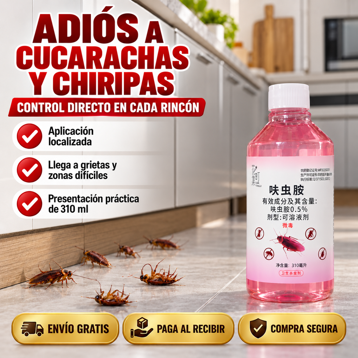 Insecticida Elimina Chiripas y Cucarachas 310 ML | EL SECRETO DE LOS ASIATICOS | 🔥50% DE DESCUENTO🔥
