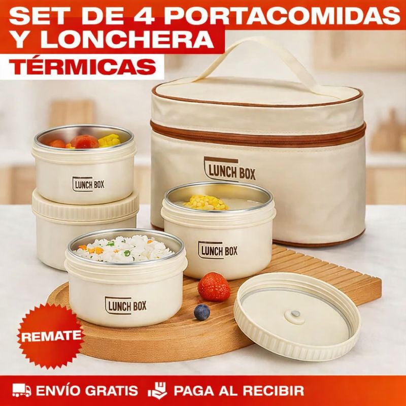 🍱 SET X4 PORTACOMIDAS + LONCHERA TÉRMICA PREMIUM
