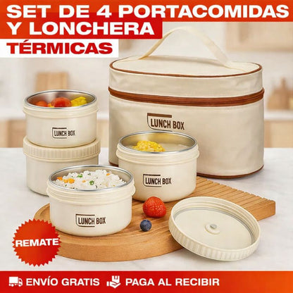 🍱 SET X4 PORTACOMIDAS + LONCHERA TÉRMICA PREMIUM