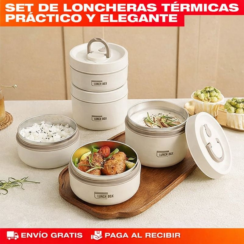 🍱 SET X4 PORTACOMIDAS + LONCHERA TÉRMICA PREMIUM